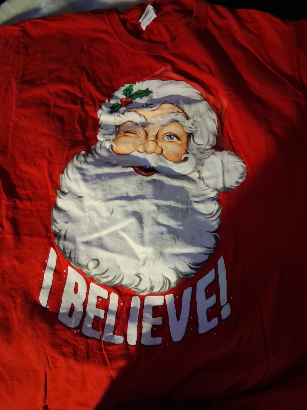 Jerzees Red Santa Graphic Tee with 'I BELIEVE' Text